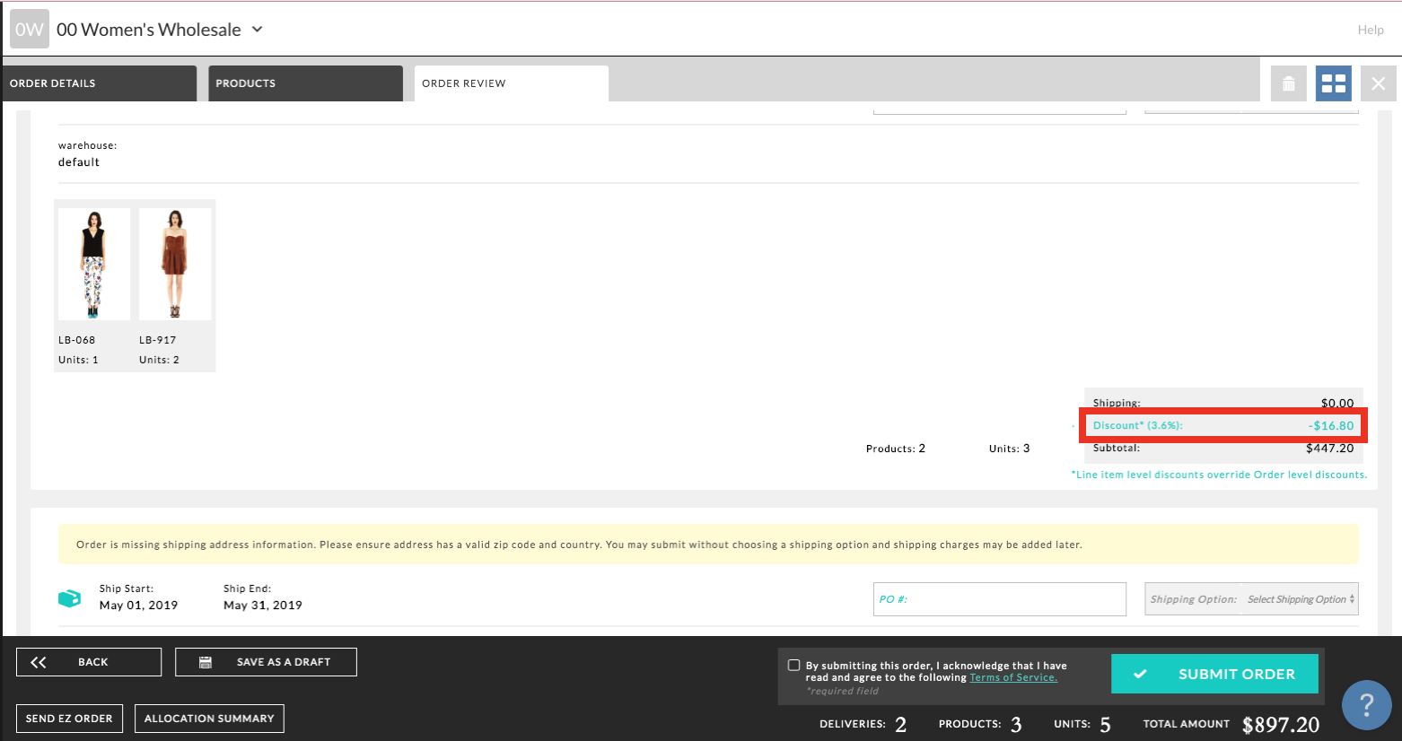 Discount on the Order Review tab.