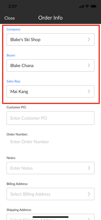 Edit Order Info screen.