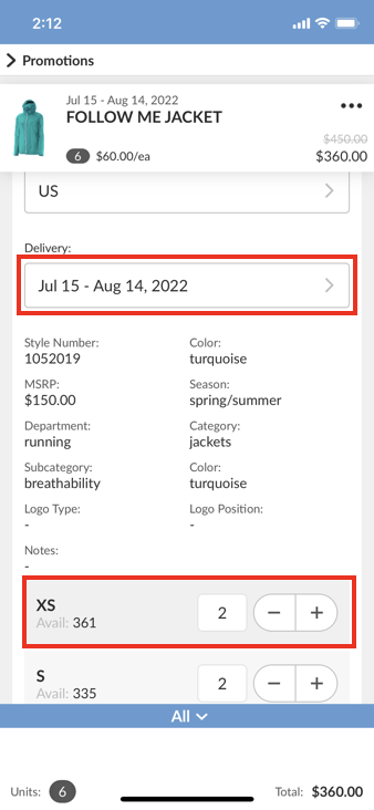 Add quanitities and delivery windows.