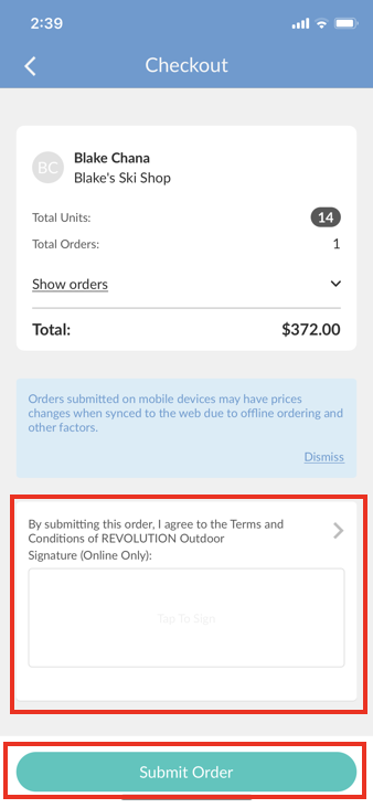 Enter a signature and submit the order.
