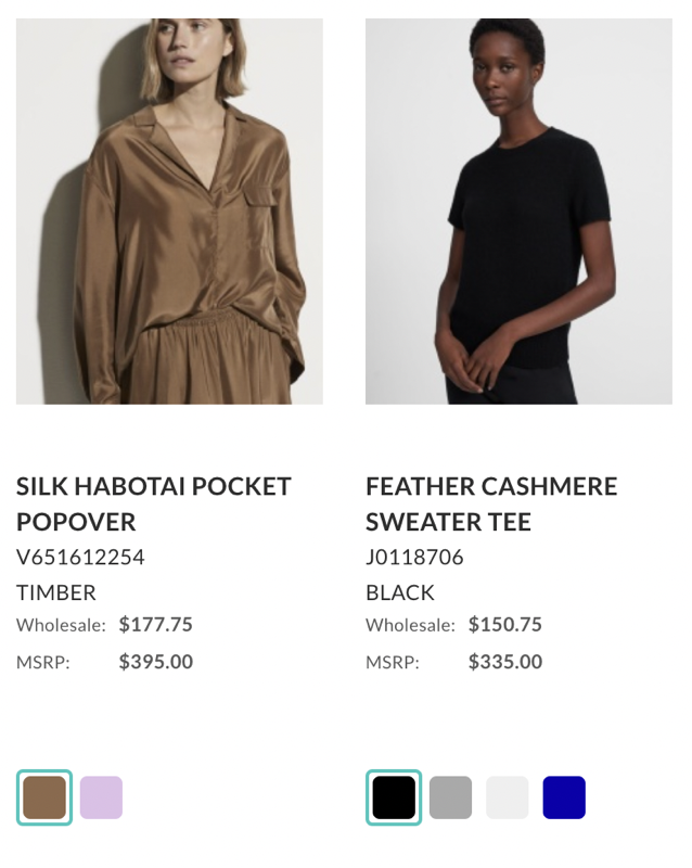 Color swatches in product gallery, linesheets, and custom lists.