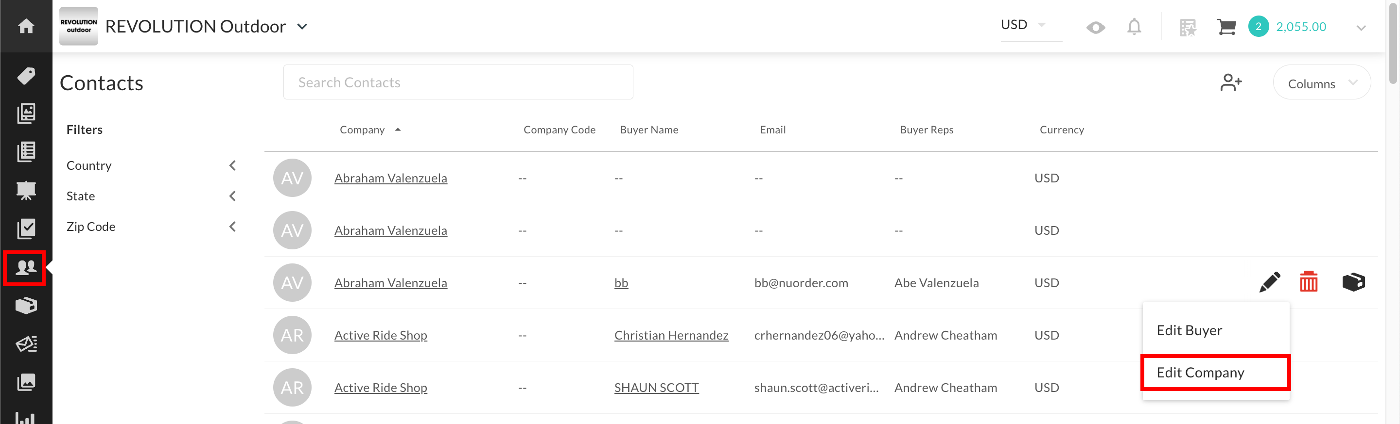 Contacts page.