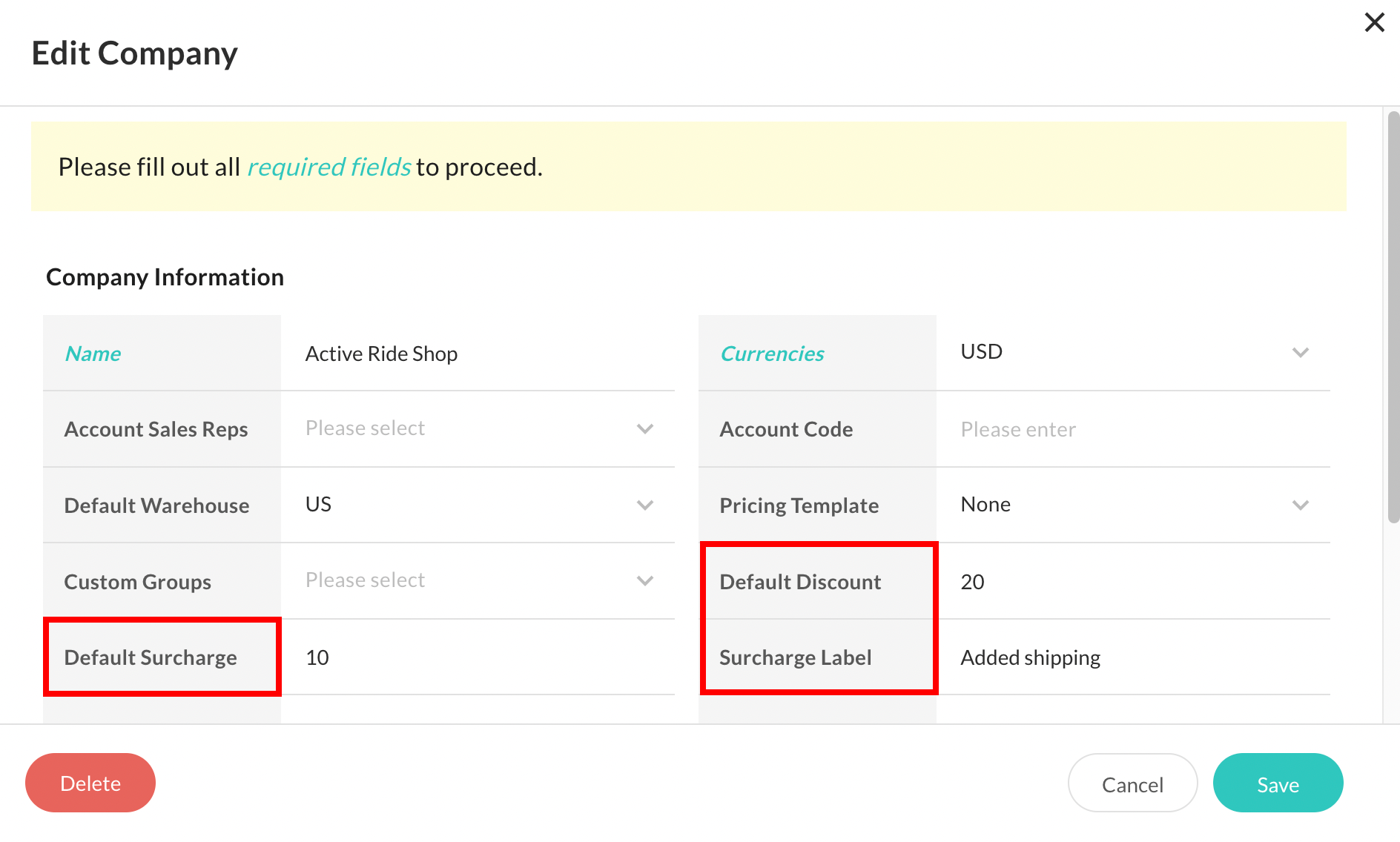 Default discount and surcharge on a company.