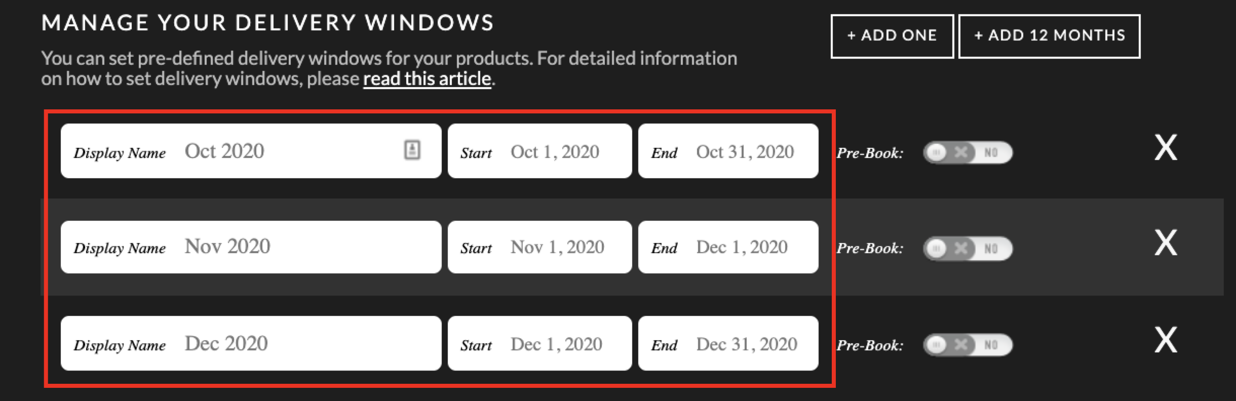 Enter the start, end, and display name of the delivery window.