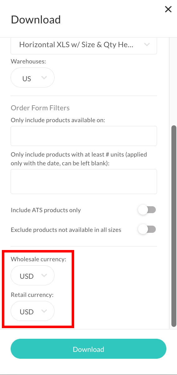 Select a currency on the order export template.
